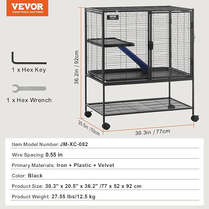VEVOR 36" Rolling Metal Ferret Cage, Large 2-Tier Critter Nation Cage, Small Animal Cage with Ramps & Tray, Easy to Set up for Pet Mice, Hamster, Guinea Pig, Chinchilla, Squirrel, Hedgehogs, Bunny