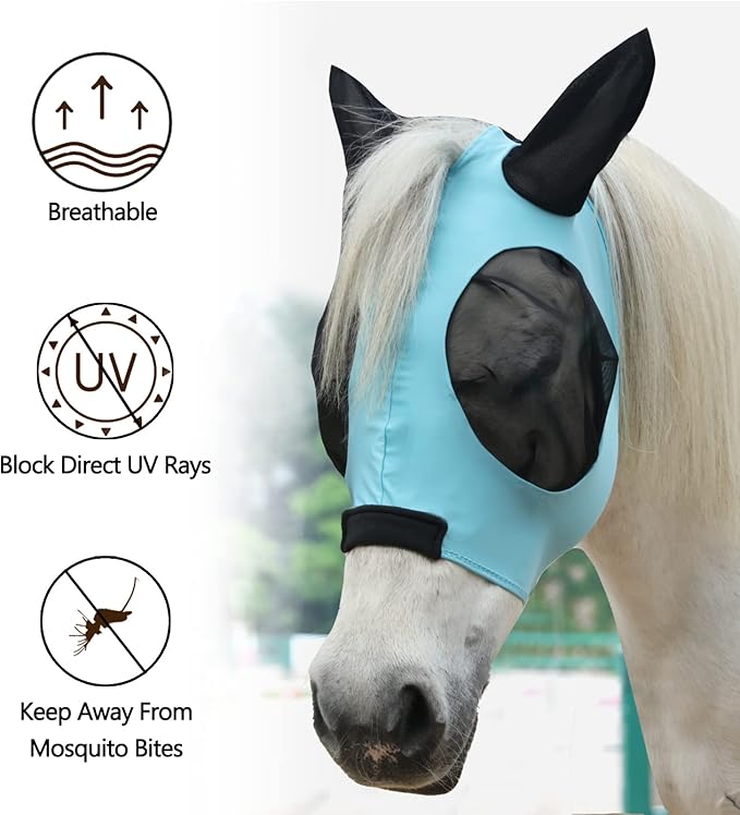 Horse Fly Mask with Ears - Large Eye Space for Full Vision, Breathable Stretch Comfort Fit, UV Protection, Forelock Opening, Easy Pull-On Paleblue Cob