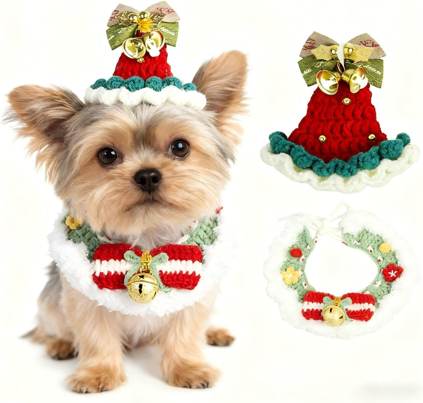 Christmas Dog Costume, Handmade Cat Holiday Outfit with Christmas Tree Hat & Wreath Scarf Set, Adjustable,Lightweight & Breathable,Pet Accessories for Rabbits Xmas Party & Photos (Small to Large size Pets)