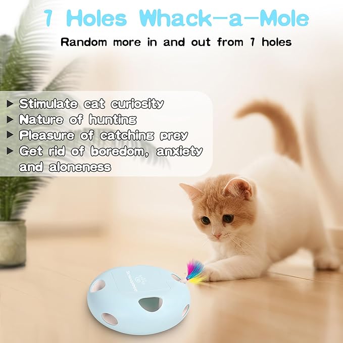 IInteractive Cat Toy, Electric Cat Toys for Moving Concealed Feathers, Smart Sensor 7 Holes Whack a Mole Feather Toy, USB Charge Automatic Kitten Toys,Blue