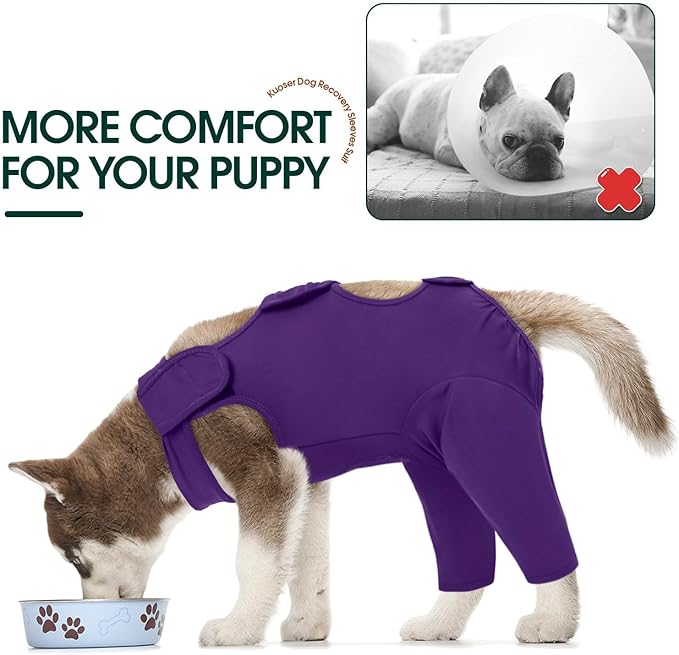 Kuoser Dog Recovery Suit for Rear Legs, Thigh Wound Protective Sleeve for Dogs, Dog Recovery Sleeve for Female Male Dogs, Dog Onesie After Surgery Pet Surgical Suit for Spay Neuter, Purple M