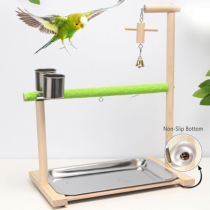 Bird Palyground, Parrot Playstand Natural Wood, Bird Perch Stand Gym with Feeder Cups and Removable Tray, Bird Cage Accessories for Parakeets Cockatiels Lovebirds