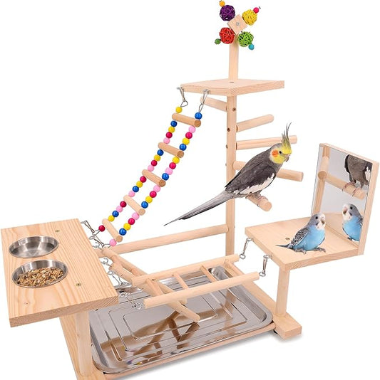 Wooden Bird Parrots Playground, Bird Perch Stand, with Bird Ladder Chewing Toys, Out of Cage Accessories