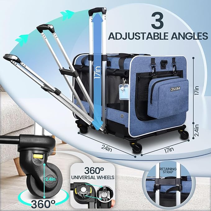 Petskd Extra Large Cat Carrier with Wheels and Litter Box, 24"x17"x17" Rolling Soft Carrier Until 55LBS Pets with 5 Breathable Mesh Windows and Locking Zippers for Long Distance Car Travel(Blue)