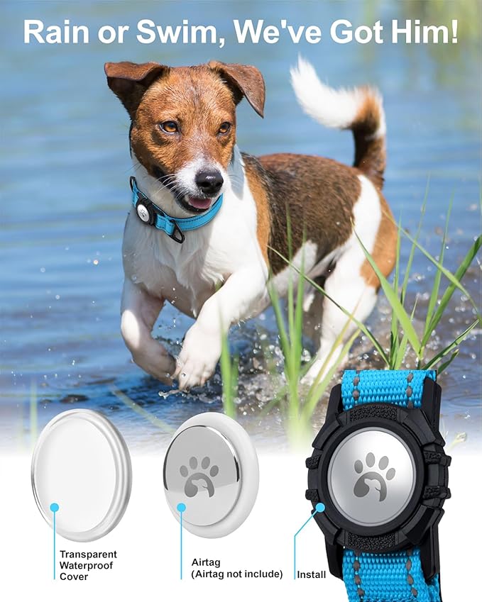 TagME Airtag Dog Collar,Waterproof Reflective Pet Collar with Airtag Holder,Soft Padded and Double D-Rings for Medium Dogs,Light Blue