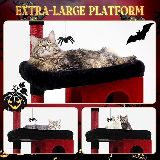 Globlazer Heavy Duty Gothic Cat Tree, 72in Large Cat Tower with Coffin Bed, Sturdy Maine Coon Cat Tree for Large Cats 20 lbs+, Medieval Castle Style with 6 Scratching Posts & Hammock, S72, Black & Red