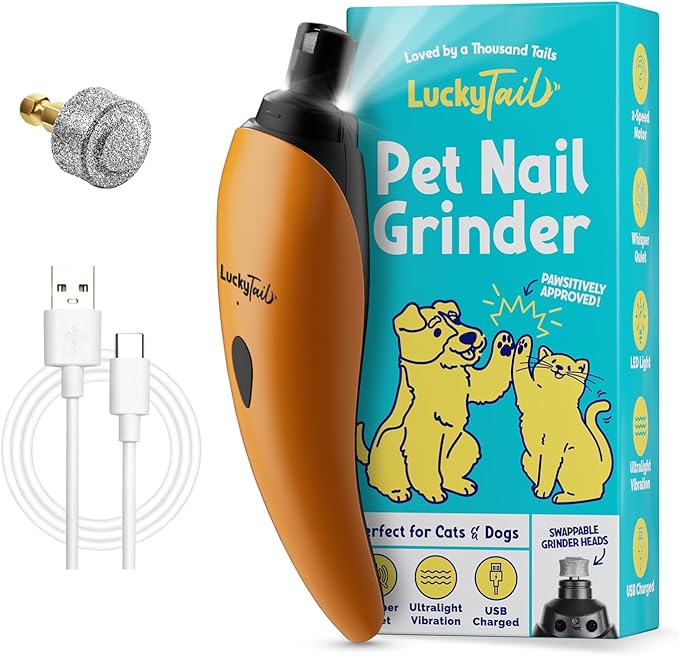 LuckyTail Pet Nail Grinder for Dogs and Cats - Super Quiet and Low Vibration Electric Dog Nail Grinder with 2 LED Lights - USB Rechargeable and Cordless - 2 Speeds - Small to Large Pets - Orange