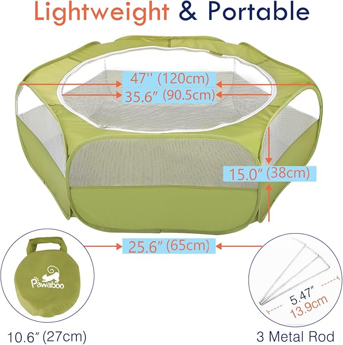 Pawaboo Small Animals Playpen, Waterproof Small Pet Cage Tent with Zippered Cover, Portable Outdoor Yard Fence with 3 Metal Rod for Chick/Kitten/Puppy/Guinea Pig/Rabbits/Hamster/Chinchillas,Green