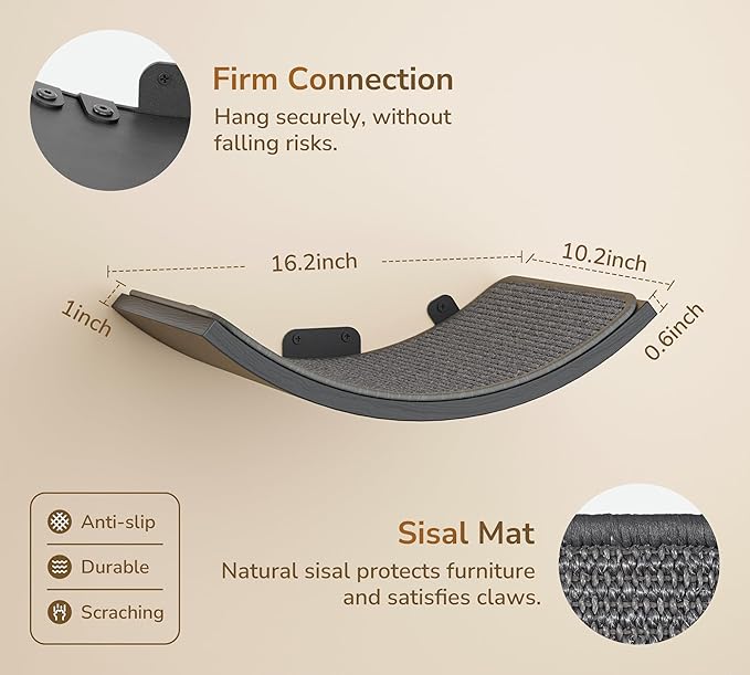 Wall Mounted Curved Cat Hammock with Grey Sisal Pad – Scratch-Friendly Cat Nest Perch for Wall – Large Floating Bed for Indoor Cats