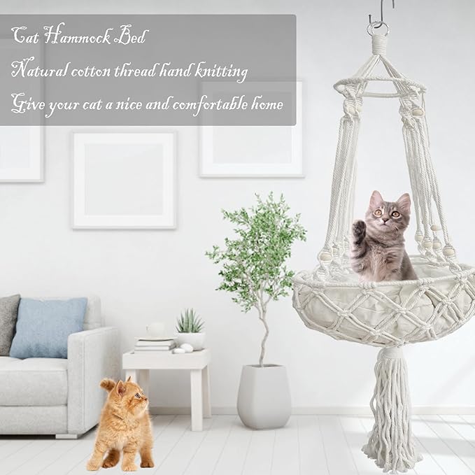 kathson Macrame Cat Hammock with Cushion,Handwoven Cats Bed,Hanging Indoor Boho Kitten Swing Beds for Playing Sleeping Climbing and Lounging(XL)