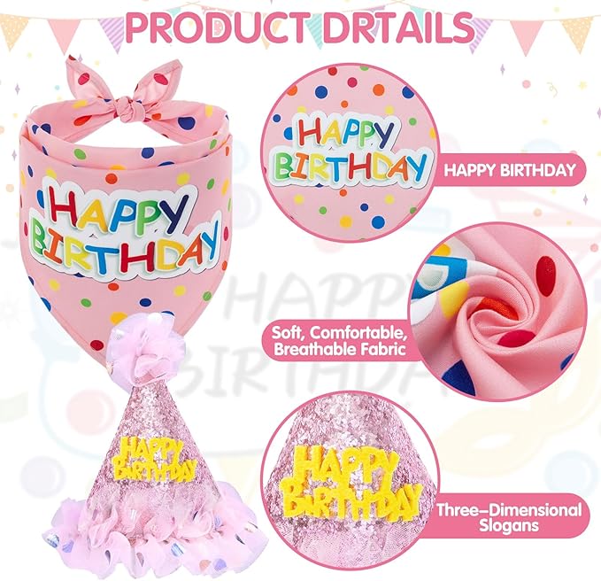 SCENEREAL Dog Birthday Bandana with Hat and Dress Girl Set, Large Dog Birthday Party Supplies, Cute Pink Tutu Skirt Outfit for Medium Large Dogs