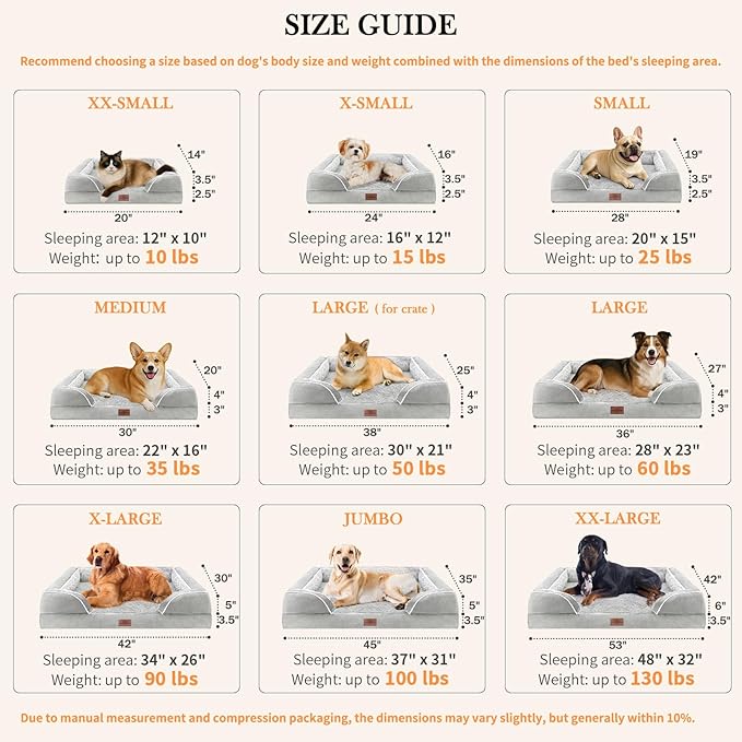 Comfort Expression XL Dog Beds Waterproof, Orthopedic Foam Dog Beds Large Sized, Bolster Dogs Beds Washable Pet Sofa with Removable Cover & Non-Slip Bottom(X-Large,Grey White)