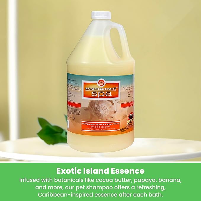 Best Shot Scentament Spa Seasonal Body and Facial Wash, Tearless Shampoo, Hypoallergenic Body Wash, Removes Tear Stains, Exotic Island, 1 Gallon