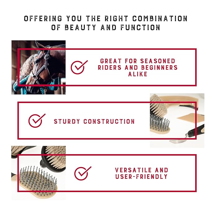 Weaver Equine 6-Piece Horse Grooming Kit, Ergonomic Gentle Horse Care Kit, Equestrian Supplies for Bathing Support, Detangling, and More, Black/Tan