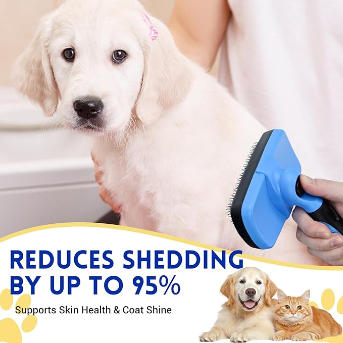 Large Self Cleaning Deshedding Brush for Dogs & Cats - One Button Hair Release Grooming Tool, Gentle Massage Brush for Long and Short Hair (Blue)