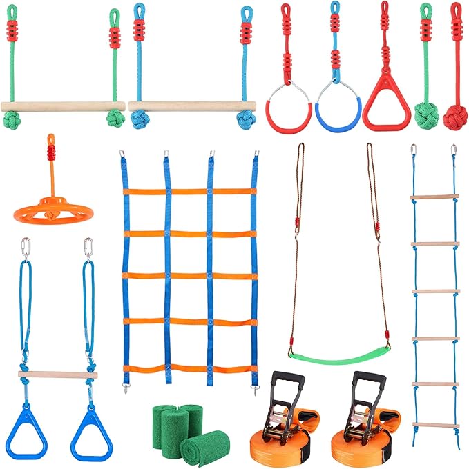 VEVOR Ninja Warrior Obstacle Course for Kids, 2 x 65 ft Weatherproof Slacklines, 500lbs Weight Capacity Monkey Line, Outdoor Playset Equipment, Backyard Toys Training Equipment Set with 12 Obstacles
