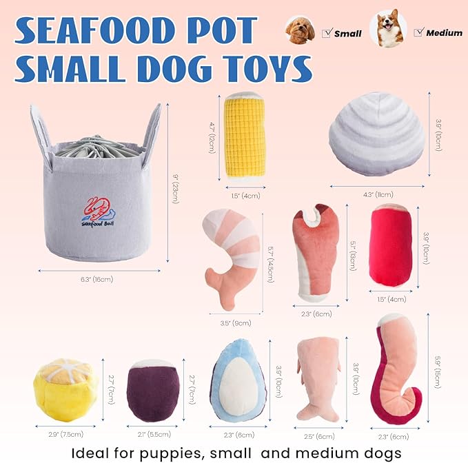 Nocciola 10 PCS Seafood Boil Small Dog Toys for Boredom, Crinkle Dog Squeaky Toys to Keep Them Busy, Plush Stuffed Puppy Toys for Small Medium Dogs