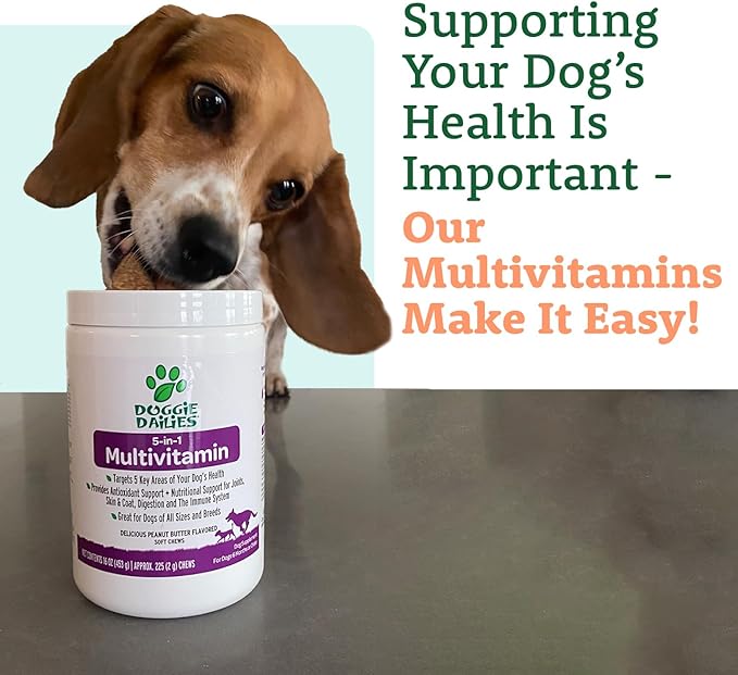 Doggie Dailies 5 in 1 Multivitamin for Dogs, Dog Multivitamin for Skin and Coat Health, Joint Health, Improved Digestion, Antioxidants, Support a Healthy Immune System (Peanut Butter) 225 Soft Chews