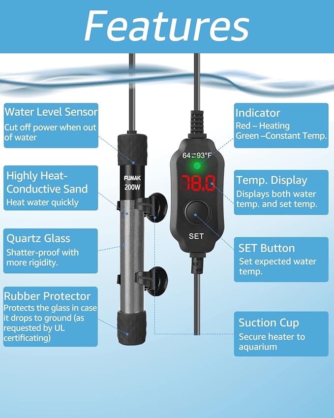 200W Adjustable Aquarium Heater Super Short Submersible Fish Tank Heater Fish Heater with LED Digital Display Thermostat, for Tanks 20-40 Gallons