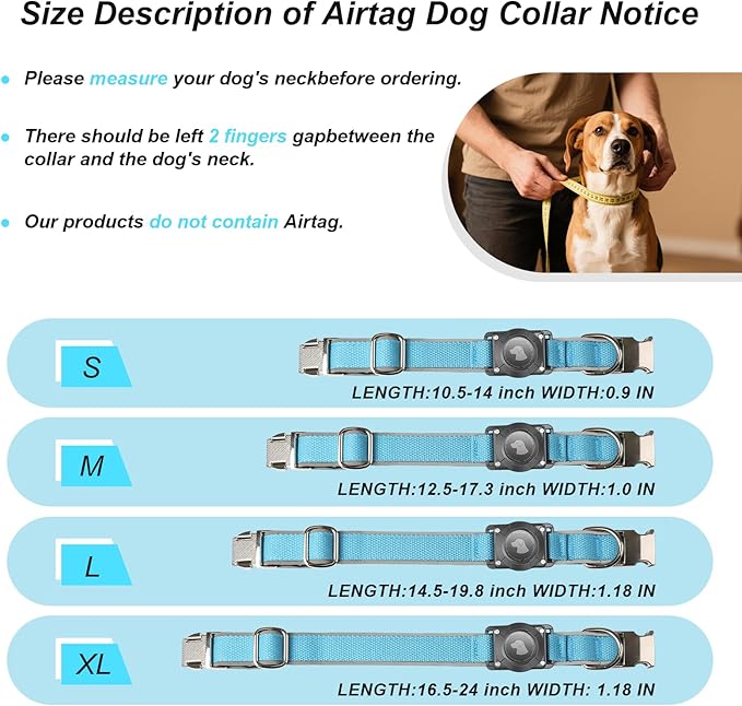 Waterproof Airtag Dog Collar - Nylon Collar with Durable Airtag Holder, Reflective&Anti-Lost with Safety Metal Buckle, Soft Padded Adjustable for Small Medium Large Dogs Blue L