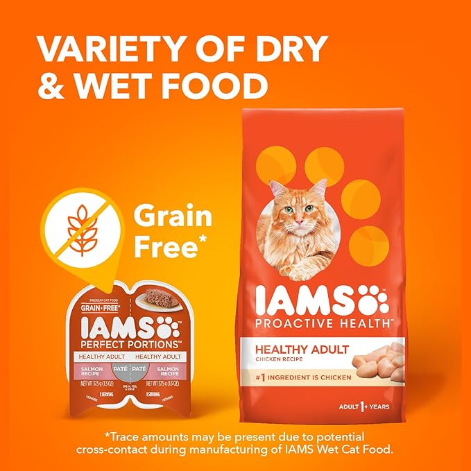 IAMS Perfect Portions Healthy Adult Grain Free Wet Cat Food Pate, Salmon Recipe, 2.6 oz. Easy Peel Twin-Pack Trays (24 Count, 48 Servings)