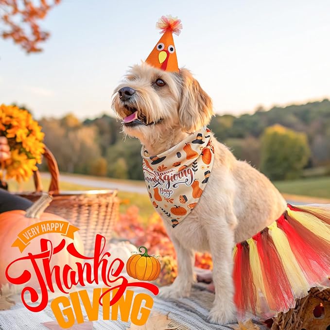 SCENEREAL Thanksgiving Dog Bandana Dress with Hat Set, Pet Turkey Costume for Small Medium Sized Dogs, Cute Tutu Skirt Outfit for Party Halloween