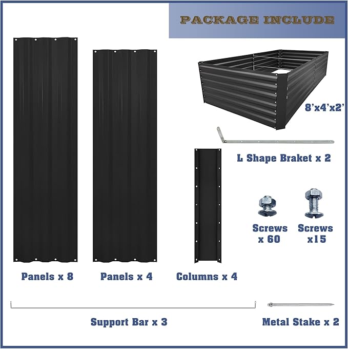 8x4x2FT Metal Raised Garden Bed Kit, Galvanized Outdoor Garden Bed Planter Box for Vegetables, Flowers, Herbs, Succulents and More, Black