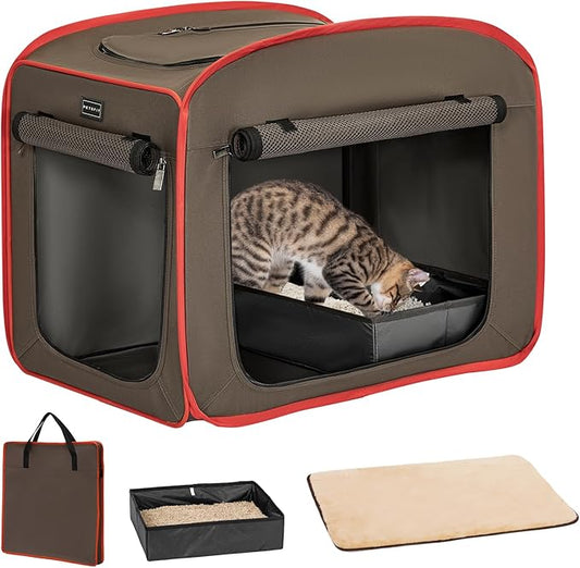 Petsfit Portable Cat Crate with Litter Box and Soft Cushion, Collapsible Pop Up Cat Kennel with Carrying Bag for Travel