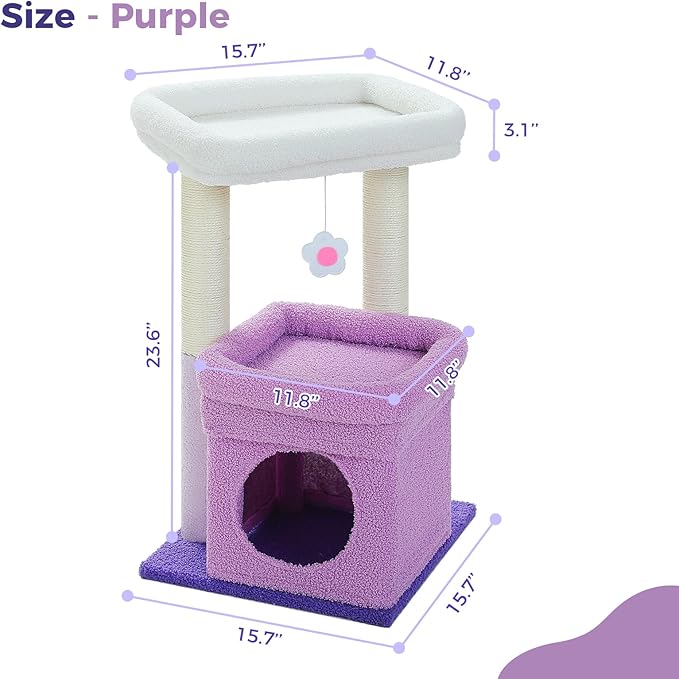 PEQULTI Cat Tree Flower Cat Tower for Indoor Cats with Private Cozy Cat Condo, Natural Sisal Scratching Posts and Plush Pom-pom for Small Cats, Purple
