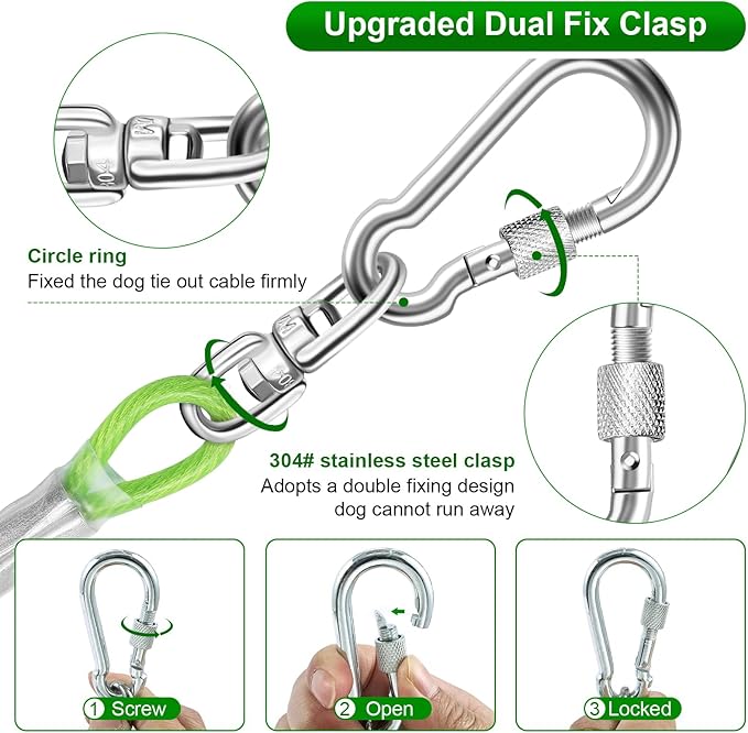 Dog Tie Out Cable for Outside,50FT Heavy Duty Dog Leash&Chains with Swivel Hook,Small-Large Dogs Runner Cable for Dogs Up to 250lbs, Long Lead Line for Yard Outdoor and Camping (250lbs 50FT, Green)