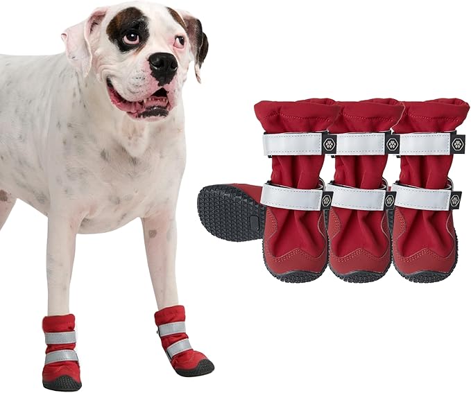 Spark Paws Dog Shoes, Waterproof Dog Boots for Medium to Large Dogs, Non Slip, Breathable Dog Booties and Paw Protectors - 4PCS Doggie Hiking Boots with Reflective Straps - Red, Size 6