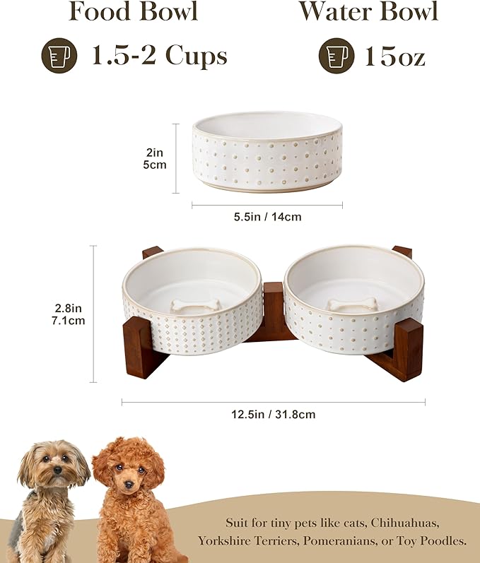 MALACASA Dog Bowl Set with Walnut Wood Stand, 1.5 Cups Ceramic Pet Bowls for Puppy Dogs, Dual Food and Water Bowls with Weighted Non-Slip Base, Basic Bowls for Your Dog or Cat, Rhombic & Polka Dots