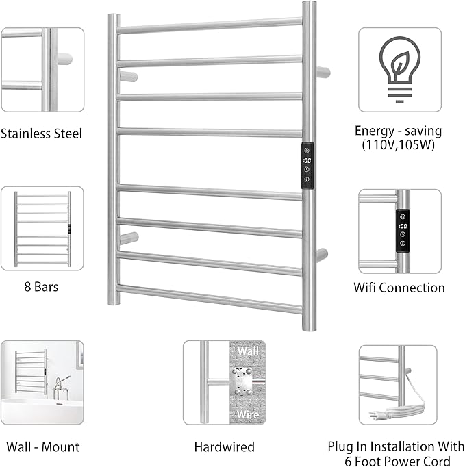 KEG Smart WiFi Towel Warmer Wall Mounted with Built-in Timer and Temperature Adjust Control, 8 Bars Electric Stainless Steel Heated Towel Racks for Bathroom Brushed Nickel