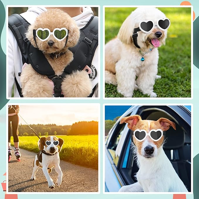 Small Dog Sunglasses UV Protection Goggles Eye Wear Protection with Adjustable Strap Doggy Heart Shape Anti-Fog Sunglasses for Pet Dogs Sun Glasses Doggie Windproof Glasses, White