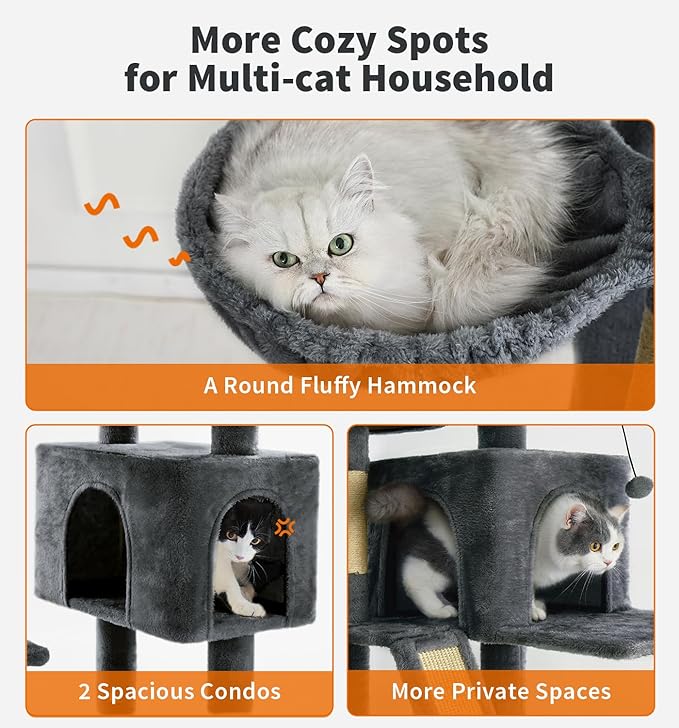 Made4Pets Tall Cat Tree, 80" Cat Tree Tower for Indoor Cats Large Adult, Modern Cat Tower with Scratching Post, Cozy Hammock, 3 Perches and 2 Condos, Sturdy and Fluffy, Dark Gray