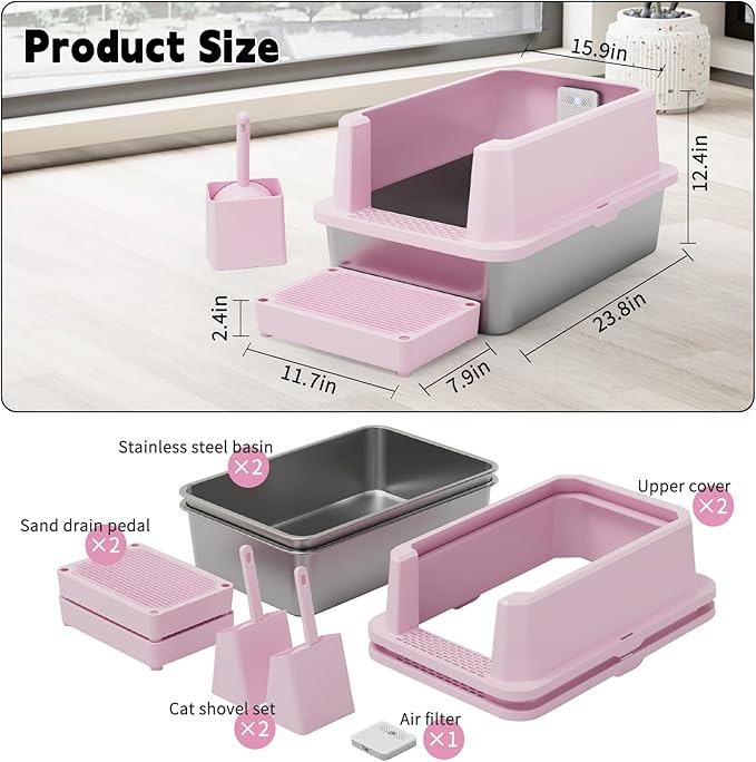 RIZZARI Stainless Steel Cat Litter Box, Semi-Closed Litter Box with High Edges, Large Odorless Litter Pan with for Small to Large Cats (Pink with Deodorizer, 2 Pack)
