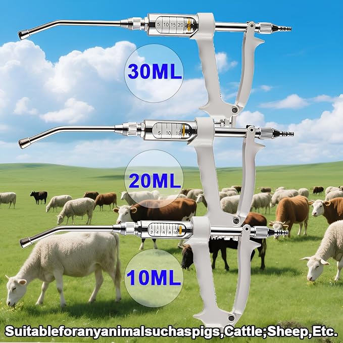 30ML Veterinary Metal Feeding Gun, Continuous Drench Gun Dosing Device Veterinary Adjustable Medicine Dispenser Husbandry Autonomous Feeding Tool, for Pig Cow, Sheep, Horse (White Color, 30ML+Kettle)