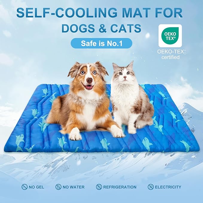 BEAUTYZOO Dog Cooling Mat- Upgraded Thicken Cooling Mat for Large Dogs Reversible(Cool & Warm) Pet Ice Cool Bed Washable & Portable, Summer Crate Pad for Big Dog Puppy Up to 44 lbs, Shark Blue 36X23IN