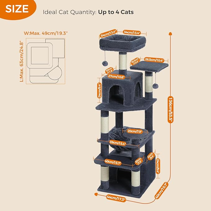 PAWZ Road Cat Tree, 53.5 Inches Tall Cat Tower with Spacious Hammocks, Condos and Scratching Posts, Cat House with Dual Padded Perches for Indoor Large Cats-Dark Gray