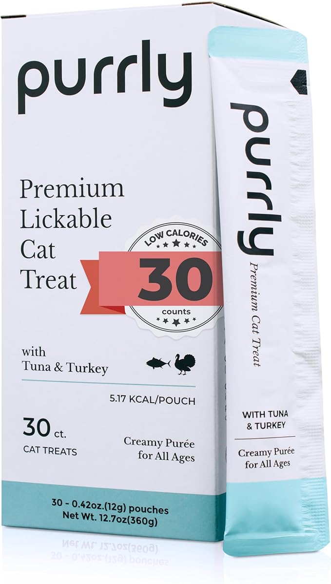 Purrly Lickable Cat Treat Healthy Human-Grade Tuna & Turkey with L-Lysine & Astaxanthin for Immunity (30 Count) Soft Healthy Low Calorie Hydrating Interactive Snack