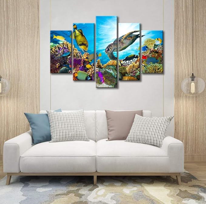 Xlarge 5 Piece Underwater World Canvas Wall Art Painting Sea Turtles Tropical Fish Swim on Coral Reef in the Sea Ocean Picture Prints Kids Room Wall Decor Stretched and Framed Ready to Hang 40x60inch