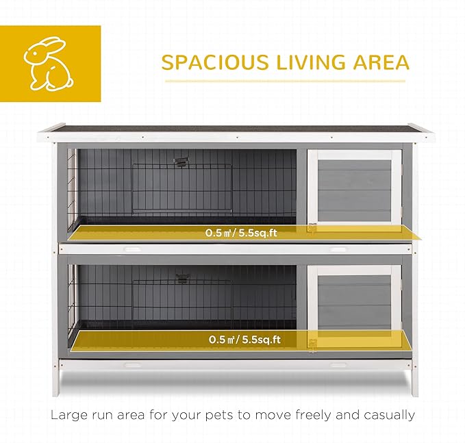 PawHut 54" 2-Story Large Rabbit Hutch Bunny Cage Wooden Pet House Small Animal Habitat with Lockable Doors, No Leak Tray and Waterproof Roof for Outdoor/Indoor Dark Grey