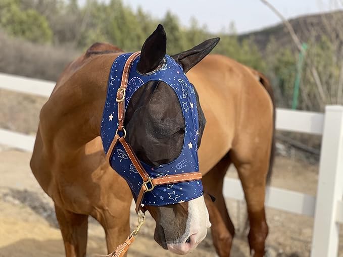 Horse Fly Mask Super Comfort Horse Fly Mask Elasticity Fly Mask with Ears We Only Make Products That Horses Like… (Midnight Blue, L)