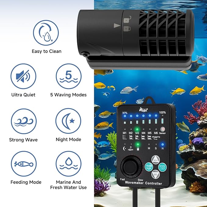 AQQA Aquarium Wave Maker Magnetic Adjustable Cross Flow Pump with Controller DC Gyre Wavemaker 1059 GPH Water Circulation Pump Powerhead for Freshwater & Marine Reef Fish Tank 15-70 Gallon (15W)