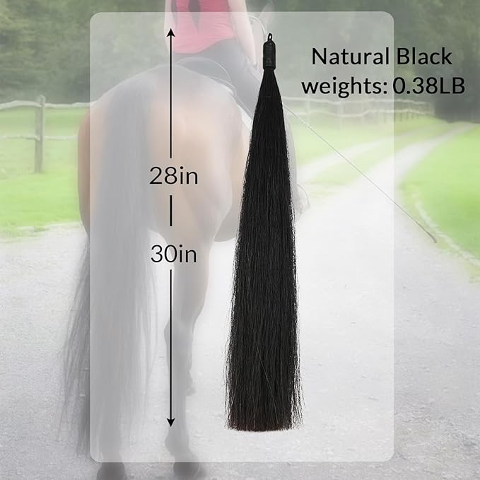 Horse Tail Extension with Braided Horsehair Loop, Blunt Cut Bottom, 3/8 lb, 28-30 inches (Natural Black)