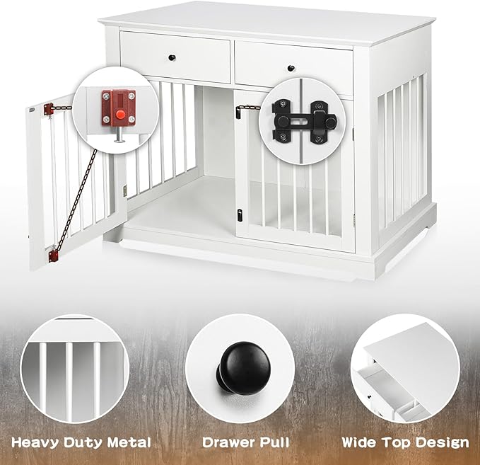 LEMBERI 44 Inch Large Dog Crate Furniture, Wooden Dog Kennel End Table with Storage Drawers, Decorative Pet Cage Dog House Indoor for Dogs