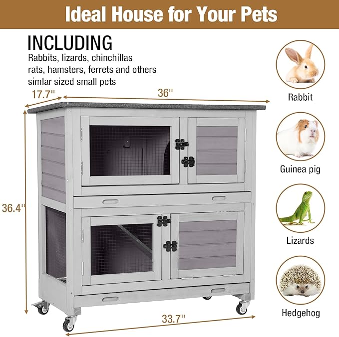 Rabbit Hutch Outdoor Indoor Bunny Cage 2 with Large Pull-Out Trays 2 Story Guinea Pig Cage on Wheels- Move Freely