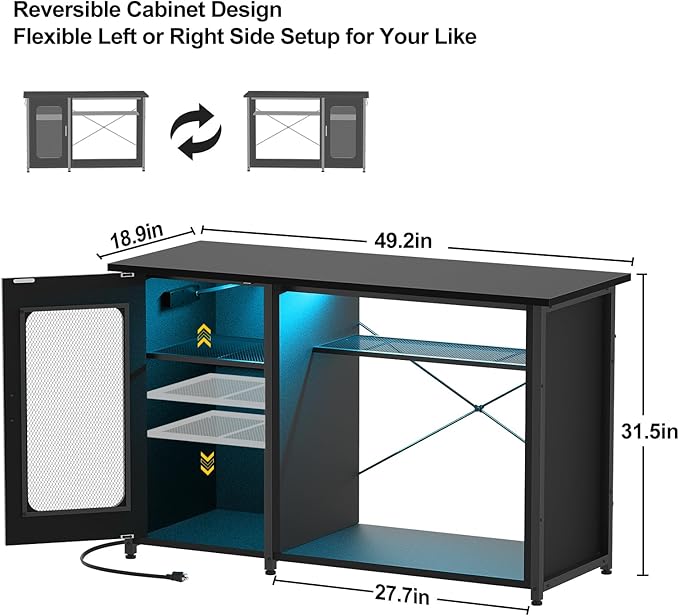 55-75 Gallon Fish Tank Stand with Power Outlets & LED Light, Reversible Heavy Duty Metal Aquarium Stand with Cabinet for Fish Tank Accessories Storage, Turtle/Reptile Terrariums, Black