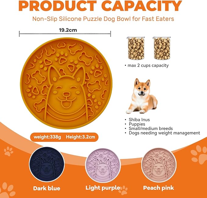 Dog Slow Feeder Bowl, Silicone Dog Bowl, Non-Slip Suction Cups Design,Boring and Anxiety Reducer.(Light Purple)