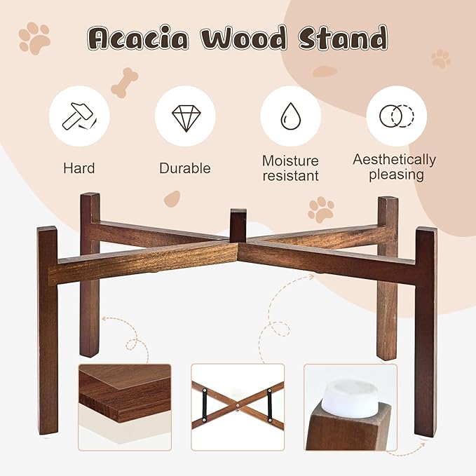 SPUNKYJUNKY Ceramic Elevated Dog Bowl Set with Acacia Wood Stand for Food and Water for Large Dogs (60.87 OZ, White, Dog Paw Pattern)